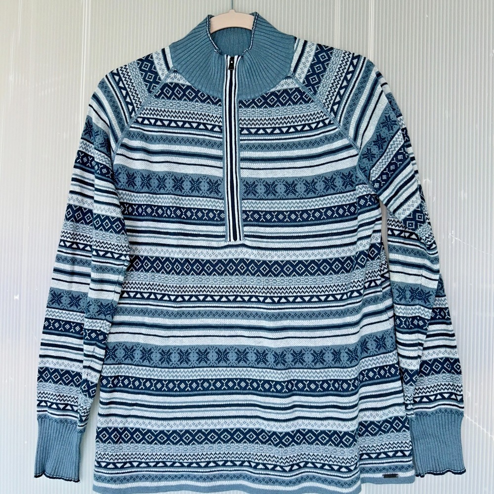 Eddie Bauer 1/4 Zip Fair Isle Nordic Ski Sweater Blue Womens M Chest 38" Cotton